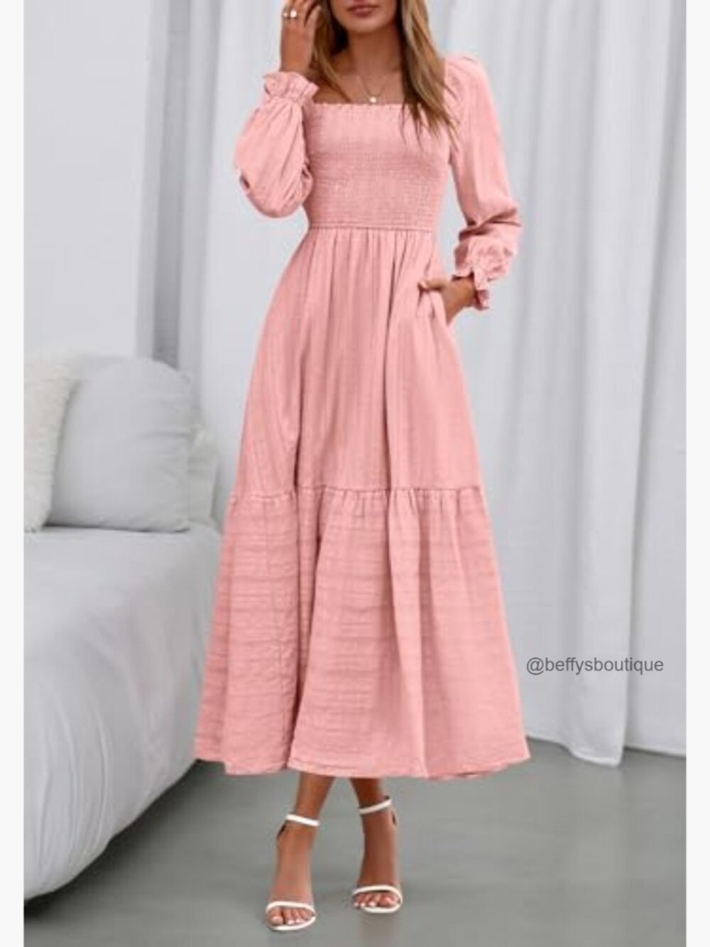 Square Neck Smocked Maxi Dress Long Sleeve Boho A-Line with Pockets - Picture 6 of 7